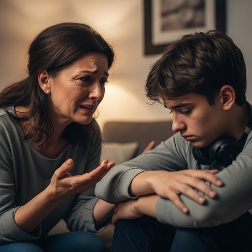 Mutter redet auf Ihren Sohn ein um Ihn zur Vernuft anzuregen