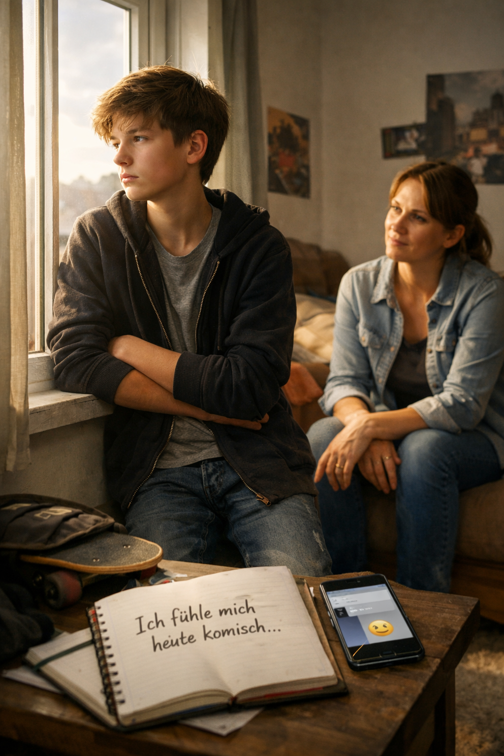 Ein nachdenklicher Jugendlicher lehnt an einem Fenster und blickt nach draußen, während eine empathische Frau im Hintergrund sitzt und ihm aufmerksam zuhört. Auf einem Tisch im Vordergrund liegen ein geöffnetes Notizbuch mit der Aufschrift „Ich fühle mich heute komisch...“ und ein Smartphone mit einer traurigen Emoji-Nachricht. Die Szene ist in warmes, weiches Licht getaucht und symbolisiert emotionale Unsicherheit, aber auch Fürsorge und Verständnis in der Pubertät.